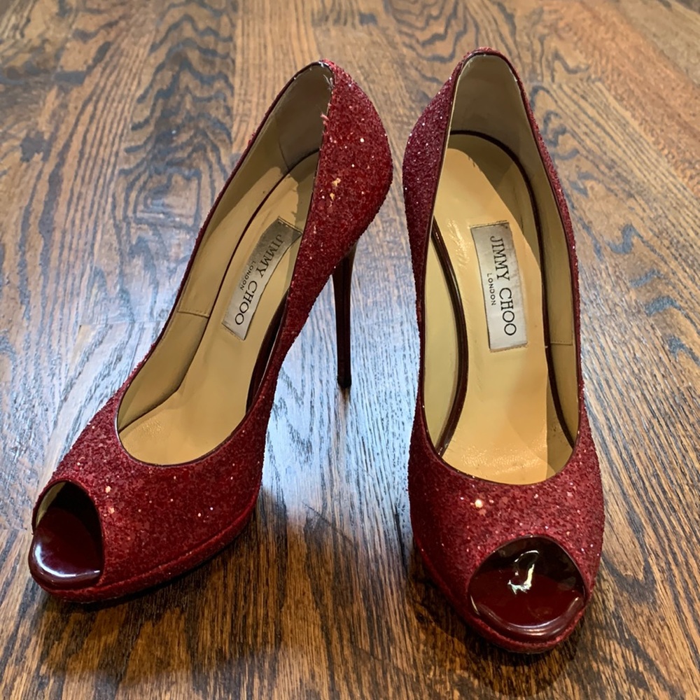 Jimmy Choo red glitter peep toe pumps sz 38.5